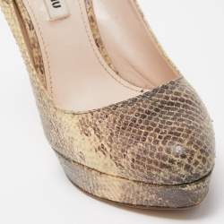 Miu Miu Cream/Brown Snakeskin Embossed Leather Platform Pumps Size 37