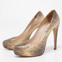Miu Miu Cream/Brown Snakeskin Embossed Leather Platform Pumps Size 37