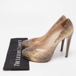 Miu Miu Cream/Brown Snakeskin Embossed Leather Platform Pumps Size 37