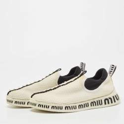 Pre Owned Miu Miu Cream Mesh Crystal Embellished Slip On Sneakers Size 37.5