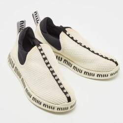 Pre Owned Miu Miu Cream Mesh Crystal Embellished Slip On Sneakers Size 37.5