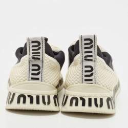 Pre Owned Miu Miu Cream Mesh Crystal Embellished Slip On Sneakers Size 37.5