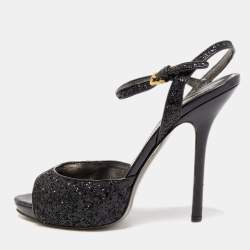 Pre Owned Miu Miu Black Coarse Glitter Peep Toe Ankle Strap Sandals Size 40