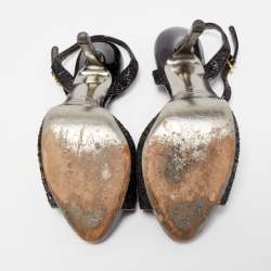 Pre Owned Miu Miu Black Coarse Glitter Peep Toe Ankle Strap Sandals Size 40