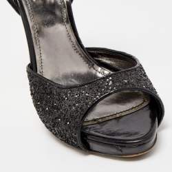 Pre Owned Miu Miu Black Coarse Glitter Peep Toe Ankle Strap Sandals Size 40