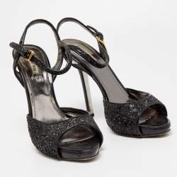 Pre Owned Miu Miu Black Coarse Glitter Peep Toe Ankle Strap Sandals Size 40