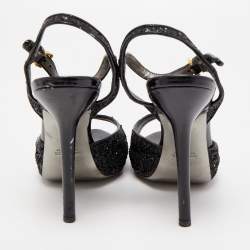 Pre Owned Miu Miu Black Coarse Glitter Peep Toe Ankle Strap Sandals Size 40