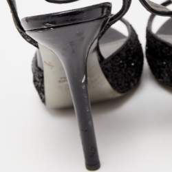 Pre Owned Miu Miu Black Coarse Glitter Peep Toe Ankle Strap Sandals Size 40