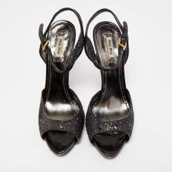 Pre Owned Miu Miu Black Coarse Glitter Peep Toe Ankle Strap Sandals Size 40