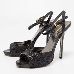 Pre Owned Miu Miu Black Coarse Glitter Peep Toe Ankle Strap Sandals Size 40
