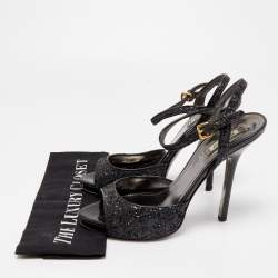 Pre Owned Miu Miu Black Coarse Glitter Peep Toe Ankle Strap Sandals Size 40