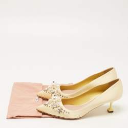 Pre Owned Miu Miu Light Yellow Satin Faux Pearl and Crystal Embellished Pumps Size 37.5