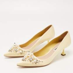 Pre Owned Miu Miu Light Yellow Satin Faux Pearl and Crystal Embellished Pumps Size 37.5