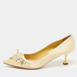 Pre Owned Miu Miu Light Yellow Satin Faux Pearl and Crystal Embellished Pumps Size 37.5
