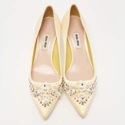 Pre Owned Miu Miu Light Yellow Satin Faux Pearl and Crystal Embellished Pumps Size 37.5