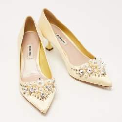 Pre Owned Miu Miu Light Yellow Satin Faux Pearl and Crystal Embellished Pumps Size 37.5