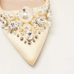 Pre Owned Miu Miu Light Yellow Satin Faux Pearl and Crystal Embellished Pumps Size 37.5