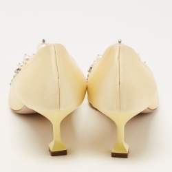 Pre Owned Miu Miu Light Yellow Satin Faux Pearl and Crystal Embellished Pumps Size 37.5