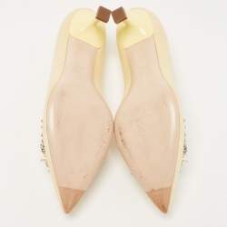 Pre Owned Miu Miu Light Yellow Satin Faux Pearl and Crystal Embellished Pumps Size 37.5