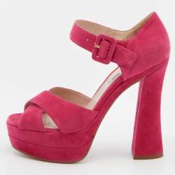 Miu Miu Pink Suede Platform Block Heel Sandals Size 38.5