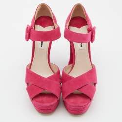Miu Miu Pink Suede Platform Block Heel Sandals Size 38.5