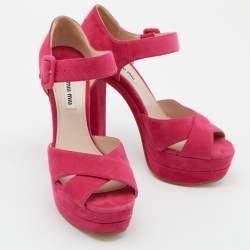 Miu Miu Pink Suede Platform Block Heel Sandals Size 38.5