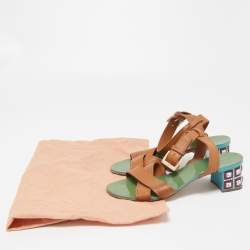 Miu Miu Brown Leather Crystal Embellished Heel Ankle Strap Sandals Size 36