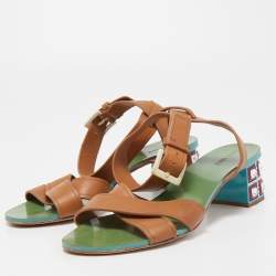 Miu Miu Brown Leather Crystal Embellished Heel Ankle Strap Sandals Size 36