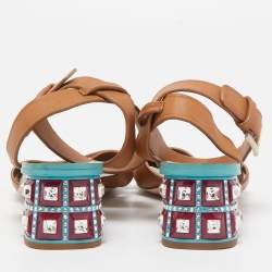 Miu Miu Brown Leather Crystal Embellished Heel Ankle Strap Sandals Size 36