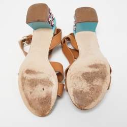 Miu Miu Brown Leather Crystal Embellished Heel Ankle Strap Sandals Size 36