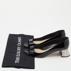 Miu Miu Black Patent Leather Crystal Embellished Block Heel Peep Toe Pumps Size 35.5