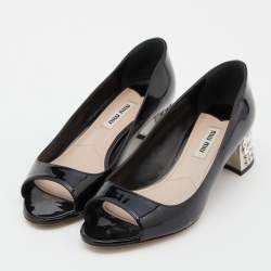Miu Miu Black Patent Leather Crystal Embellished Block Heel Peep Toe Pumps Size 35.5