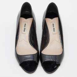 Miu Miu Black Patent Leather Crystal Embellished Block Heel Peep Toe Pumps Size 35.5