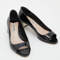 Miu Miu Black Patent Leather Crystal Embellished Block Heel Peep Toe Pumps Size 35.5