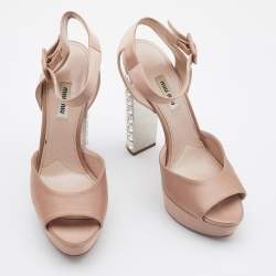 Miu Miu Beige Satin Crystal Embellished Block Heel Ankle Strap Sandals Size 40