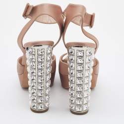 Miu Miu Beige Satin Crystal Embellished Block Heel Ankle Strap Sandals Size 40