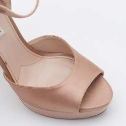 Miu Miu Beige Satin Crystal Embellished Block Heel Ankle Strap Sandals Size 40