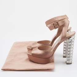 Miu Miu Beige Satin Crystal Embellished Block Heel Ankle Strap Sandals Size 40