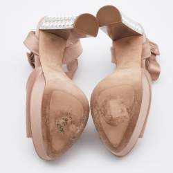 Miu Miu Beige Satin Crystal Embellished Block Heel Ankle Strap Sandals Size 40