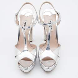 Miu Miu Metallic Silver Patent Leather Crystal Embellished Block Heel Sandals Size 38.5