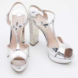 Miu Miu Metallic Silver Patent Leather Crystal Embellished Block Heel Sandals Size 38.5