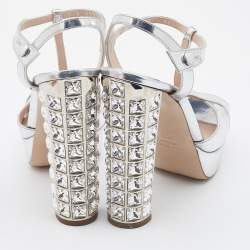 Miu Miu Metallic Silver Patent Leather Crystal Embellished Block Heel Sandals Size 38.5