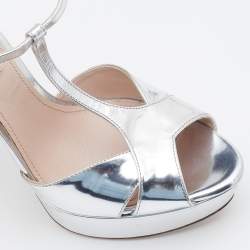 Miu Miu Metallic Silver Patent Leather Crystal Embellished Block Heel Sandals Size 38.5