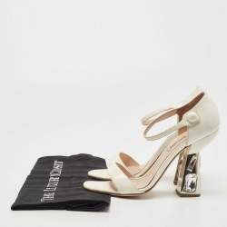Miu Miu White Patent Leather Crystal Embellished Heel Ankle Strap Sandals Size 38