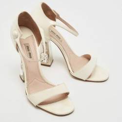 Miu Miu White Patent Leather Crystal Embellished Heel Ankle Strap Sandals Size 38