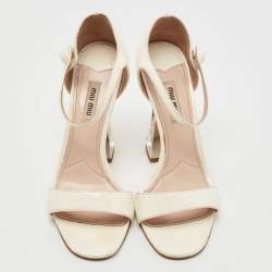 Miu Miu White Patent Leather Crystal Embellished Heel Ankle Strap Sandals Size 38
