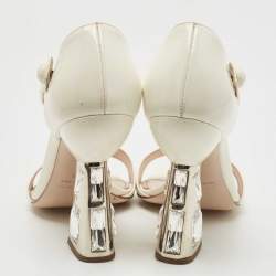 Miu Miu White Patent Leather Crystal Embellished Heel Ankle Strap Sandals Size 38