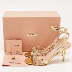 Pre Owned Miu Miu Gold Foil Leather Crystal Embellished Ankle Strap Sandals Size 40