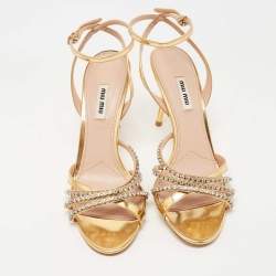 Pre Owned Miu Miu Gold Foil Leather Crystal Embellished Ankle Strap Sandals Size 40