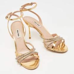 Pre Owned Miu Miu Gold Foil Leather Crystal Embellished Ankle Strap Sandals Size 40